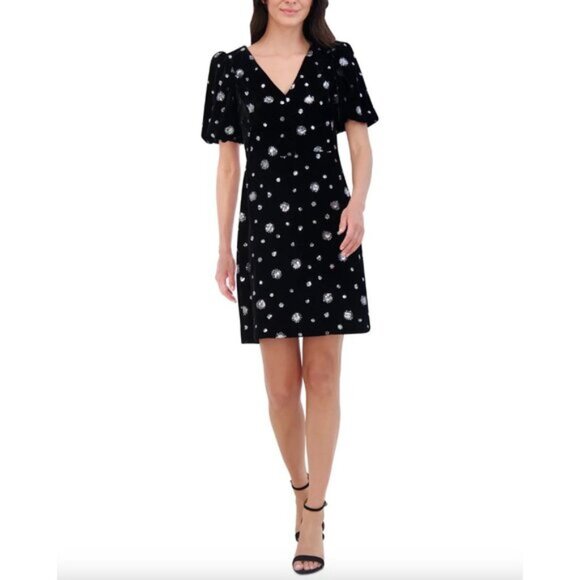 Eliza J Sequined Puff-Sleeve A-Line Dress Black Sz.12 - Picture 1 of 11